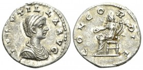 Plautilla, wife of Caracalla Denarius Laodicaea circa 202, AR 19.5mm., 3.10g. Draped bust r. Rev. Concordia seated l., holding patera and double cornu...