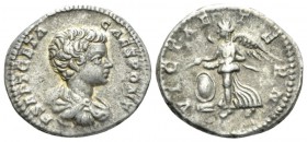 Geta as Caesar, 198-209. Denarius Laodicea circa 200-202, AR 19mm., 3.45g. P SEPT GETA CAES PONT Draped and cuirassed bust r. Rev. VICT AETERN Victory...