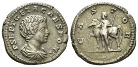 Geta as Caesar, 198-209. Denarius circa 200-205, AR 19mm., 3.84g. Bareheaded and draped bust r. Rev. Castor standing l. in front of horse, which he ho...