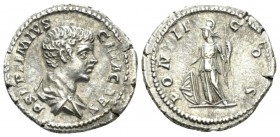Geta as Caesar, 198-209. Denarius circa 205-208, AR 19mm., 3.32g. Bareheaded and draped bust r. Rev. Minerva standing l., holding shield set on ground...