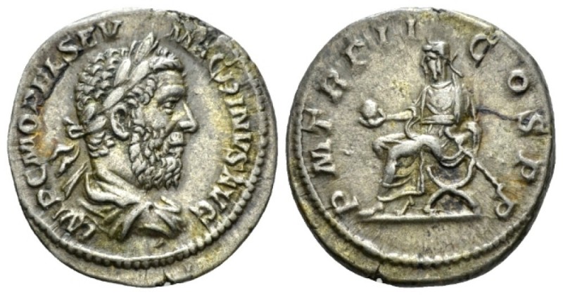 Macrinus, 217-218 Denarius circa 217, AR 19mm., 3.43g. Laureate, draped and cuir...