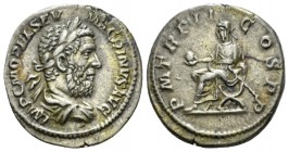 Macrinus, 217-218 Denarius circa 217, AR 19mm., 3.43g. Laureate, draped and cuirassed bust r. Rev. Macrinus seated l. on curule chair, holding globe a...