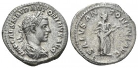 Elagabalus, 218-222 Denarius circa 218-219, AR 20mm., 2.26g. IMP CAES M AVR ANTONINVS AVG Laureate and draped bust r. Rev. SALVS ANTONINI AVG Salus st...