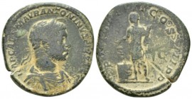 Elagabalus, 218-222 Sestertius circa 221, Æ 32mm., 19.88g. Laureate, draped, horned and cuirassed bust r. Rev. Elagabalus, standing l. in military att...