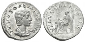 Julia Soemias, mother of Elagabalus Denarius circa 220-222, AR 19mm., 2.88g. Draped bust r. Rev. Venus seated l. on throne, holding apple and sceptre;...