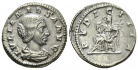 Julia Maesa, sister of Julia Domna and grandmother of Elagabalus Denarius circa 218-222, AR 19mm., 2.83g. Draped bust r. Rev. Pudicitia seated l. hold...