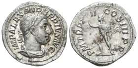 Severus Alexander, 222-235 Denarius circa 233, AR 20mm., 3.46g. Laureate and draped bust r. Rev. Sol advancing l., raising r. hand and holding whip. C...