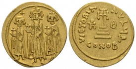 Heraclius, 610-641, with colleagues from 613 Solidus circa 637-638, AV 21mm., 4.45g. Heraclius standing facing between Heraclius Constantine, on r., a...