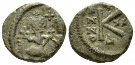 Heraclius, 610-641 Half-Follis Ravenna circa 630-631, Æ 16.5mm., 3.81g. Heraclius and Heraclius Constantine standing facing. Heraclius has a long bear...