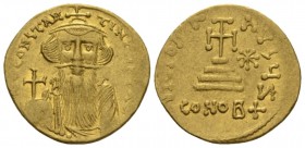 Constans II, 641-668. Solidus Constantinople circa 651-654, AV 19mm., 4.24g. Crowned and draped bust of Constans facing, with long beard and holding g...