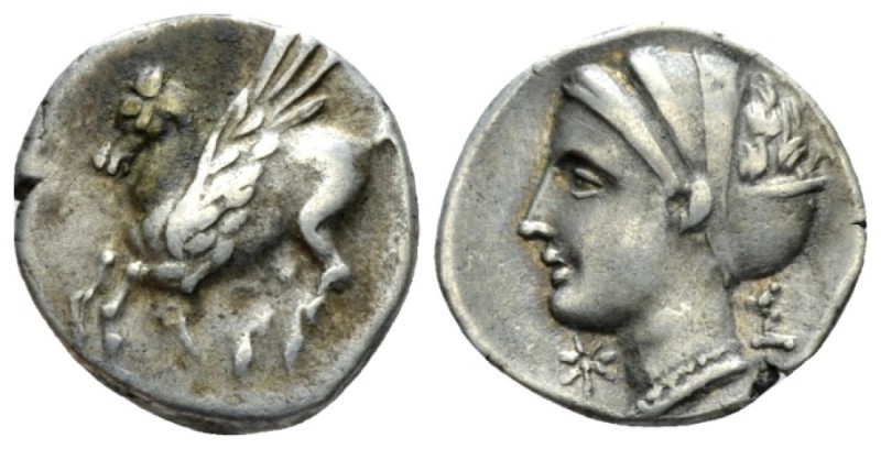 Corinthia, Corinth Drachm circa 345-307, AR 16mm., 2.18g. Pegasos flying l. Rev....