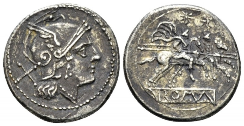 Denarius circa 214-213, AR 19.5mm., 4.23g. Helmeted head of Roma r.; behind, X. ...