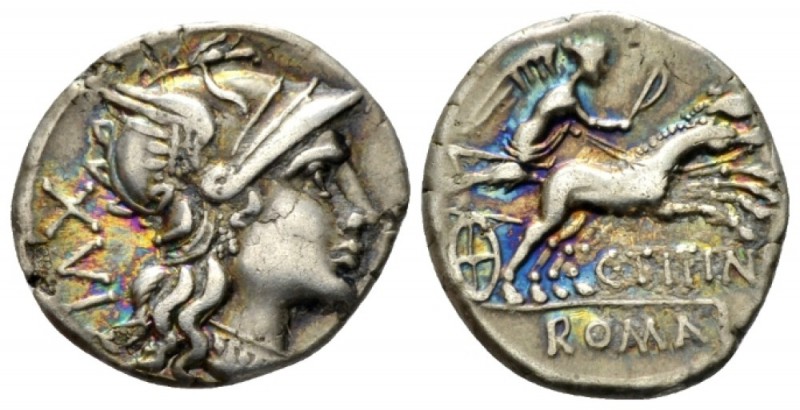 C. Titinius. Denarius circa 141, AR 17.5mm., 3.91g. Helmeted head of Roma r.; be...