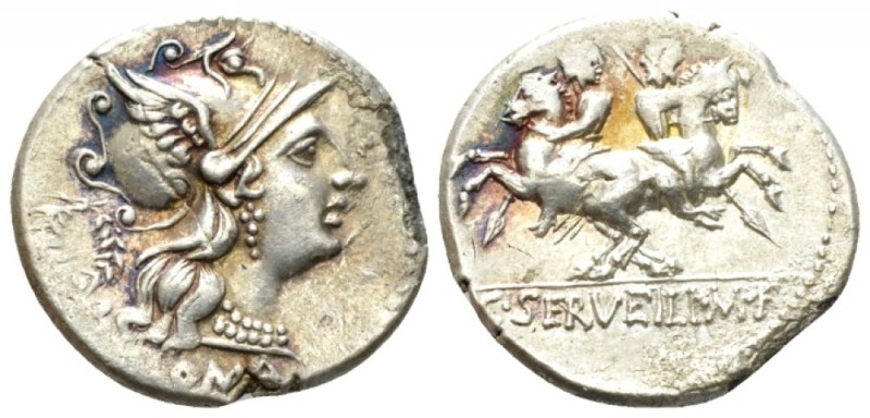 C. Servilius M. f. Denarius circa 136, AR 19.5mm., 3.80g. Helmeted head of Roma ...