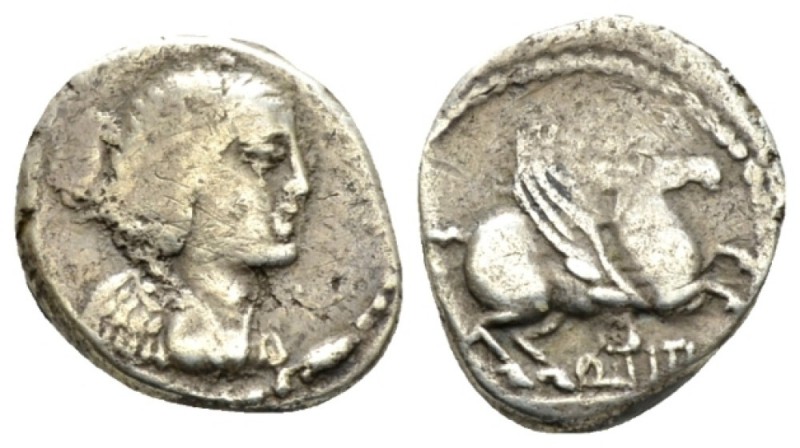 Q. Titius. Quinarius circa 90, AR 13mm., 2.02g. Draped bust of Victory r. Rev. P...