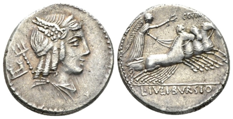 L. Iulius Bursio. Denarius circa 85, AR 18.5mm., 4.39g. Male head r., with the a...