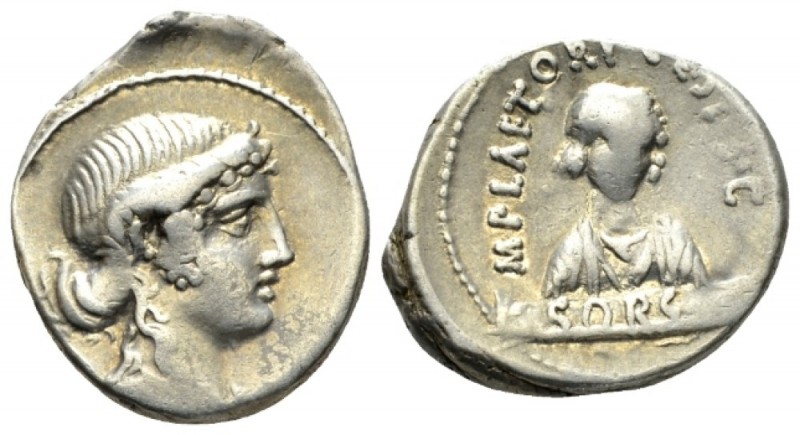 M. Plaetorius M. f. Cestianus. Denarius circa 69, AR 18mm., 3.95g. Draped female...