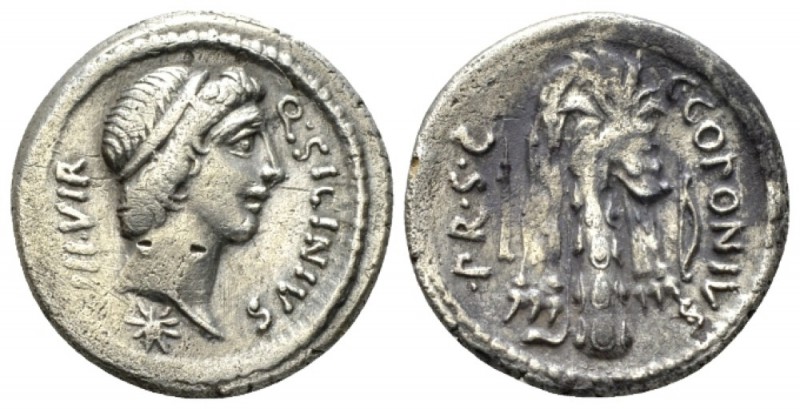 Q. Sicinius and C. Coponius. Denarius mint moving with Pompey 49, AR 18.5mm., 3....