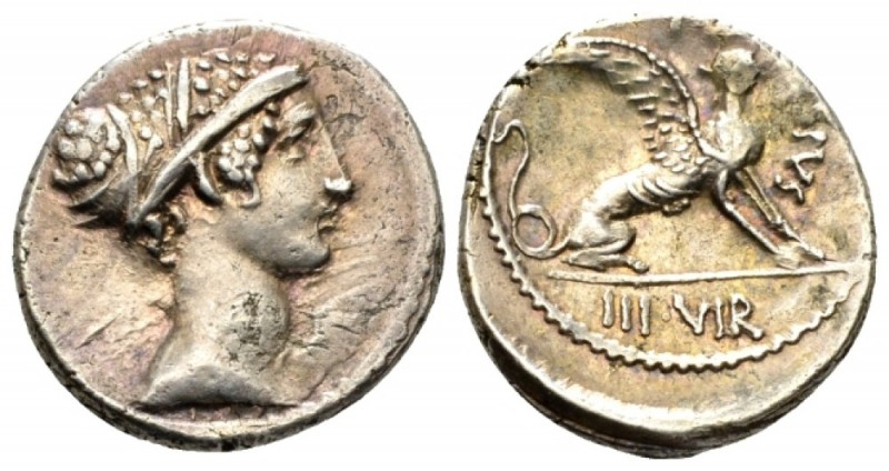 T. Carisius. Denarius circa 46, AR 18mm., 4.16g. Head of Sybil r. Rev. T·CARISIV...