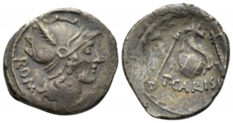 T. Carisius. Denarius circa 46, AR 19mm., 3.28g. Head of Roma r., wearing plumed...