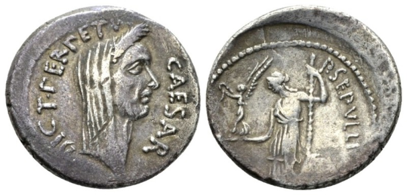 Julius Caesar and P. Sepullius Macer Denarius circa 44, AR 19mm., 3.76g. CAESAR ...