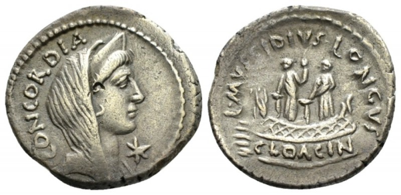 L. Mussidius Longus. Denarius circa 42, AR 19mm., 3.65g. CONCORDIA Diademed and ...