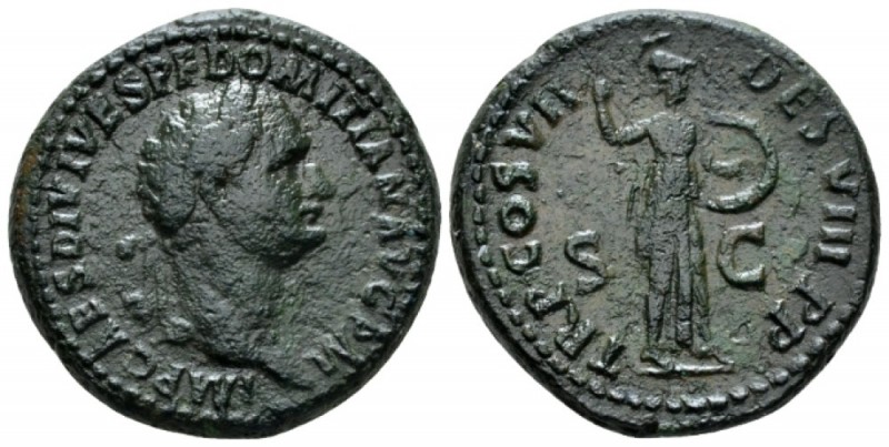 Domitian, 81-96 As circa 81, Æ 28mm., 14.66g. Laureate head r. Rev. Minerva adva...