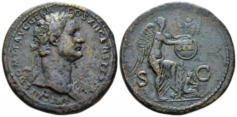 Domitian, 81-96 Sestertius circa 86, Æ 35.5mm., 24.01g. Laureate bust r., wearin...