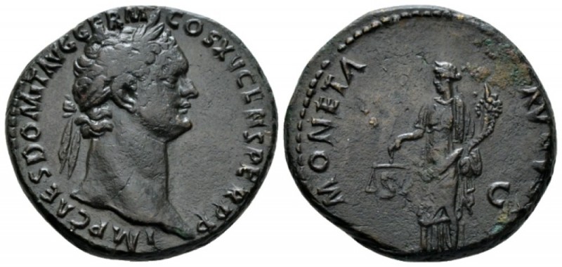 Domitian, 81-96 As circa 90-91, AR 28mm., 12.50g. Laureate head r. Rev. Moneta s...