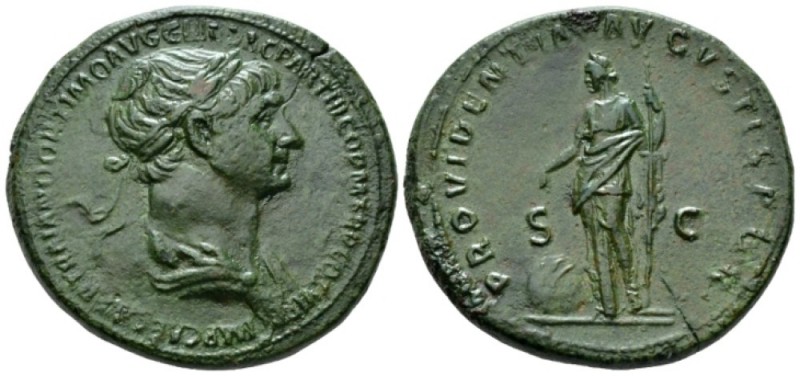 Trajan, 98-117 Sestertius circa 116-117, Æ 37mm., 28.07g. Laureate and draped bu...