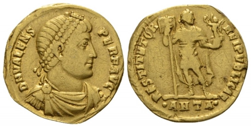 Valens, 364-378 Solidus circa 366, AV 20mm., 3.90g. Pearl-diademed, draped, and ...