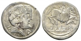 Hispania, Turiasus Denarius Early I cent. BC, AR 19mm., 2.78g. Bearded head r. Rev. Horseman galloping r., holding spear. SNG BM Spain 963-7. ACIP 172...