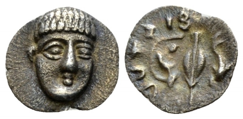 Campania, Phistelia Obol circa 325-275 BC, AR 11mm., 0.51g. Facing male head, sl...