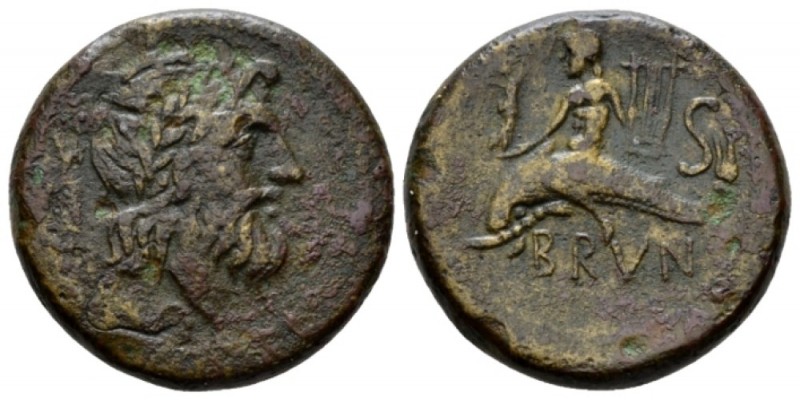 Apulia, Brundisium Semis II Cent. BC, Æ 23.5mm., 9.55g. . Laureate head of Neptu...