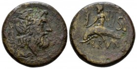 Apulia, Brundisium Semis II Cent. BC, Æ 23.5mm., 9.55g. . Laureate head of Neptune r., crowned by a flying Victory r. on trident. Rev. Oecist riding d...