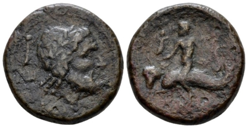 Apulia, Brundisium Semis II cent. BC, Æ 23.5mm., 10.14g. Laureate head of Neptun...