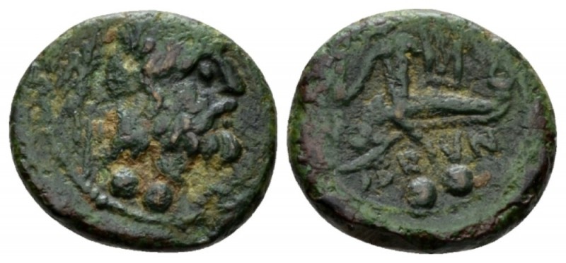 Apulia, Brundisium Sextans II cent, Æ 14.5mm., 2.25g. Laureate head of Neptune r...