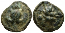 Apulia, Luceria Uncia circa 217-212, Æ 23.5mm., 12.04g. Frog. Rev. Barley-ear. ICC 349. Historia Numorum Italy 677e.

Green patina, Very Fine.

Ex...