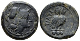 Apulia, Teate Teruncius circa 225-200 BC, Æ 25mm., 10.18g. Head of Minerva r., wearing Corinthian helmet. Rev. Owl standing r. on club. SNG ANS 747. H...