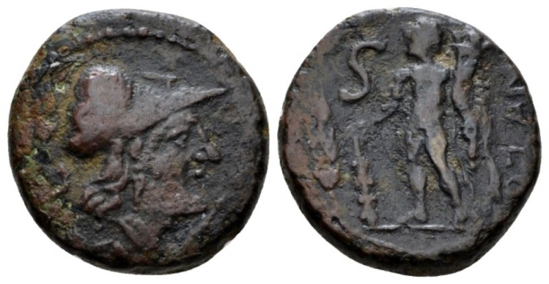 Apulia, Uxentum Semis circa 125-90, Æ 18mm., 4.54g. Head of Minerva r., wearing ...