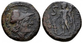 Apulia, Uxentum Semis circa 125-90, Æ 18mm., 4.54g. Head of Minerva r., wearing Corinthian helmet. Rev. Heracles standing l., holding club and cornuco...