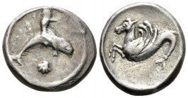 Calabria, Tarentum Nomos circa 500-480, AR 19mm., 8.03g. Oecist riding dolphin r., extending arms; below, shell. Rev. Hippocamp l. Vlasto 132. Histori...