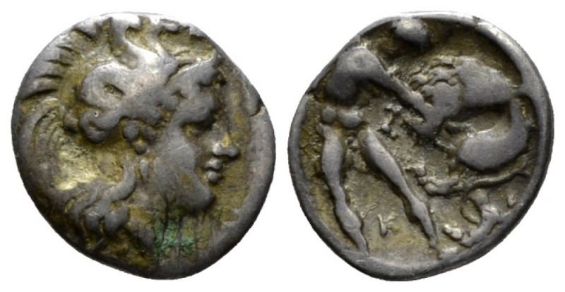 Calabria, Tarentum Diobol circa 380-325, AR 12mm., 1.14g. Head of Athena r., wea...