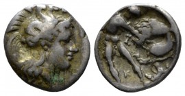 Calabria, Tarentum Diobol circa 380-325, AR 12mm., 1.14g. Head of Athena r., wearing helmet decorated with hippocamp. Rev. Heracles l., strangling Nem...
