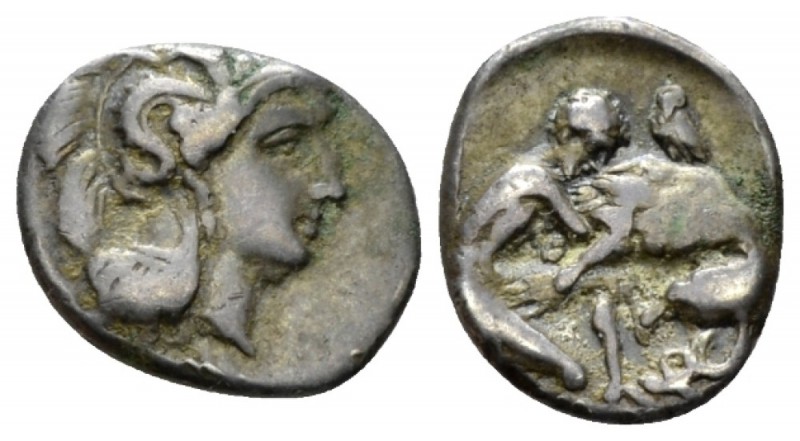 Calabria, Tarentum Diobol circa 325-280, AR 13mm., 1.04g. Head of Athena r., wea...