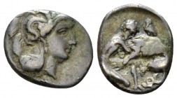 Calabria, Tarentum Diobol circa 325-280, AR 13mm., 1.04g. Head of Athena r., wearing helmet decorated with Skylla Rev. Heracles fighting Nemean lion; ...