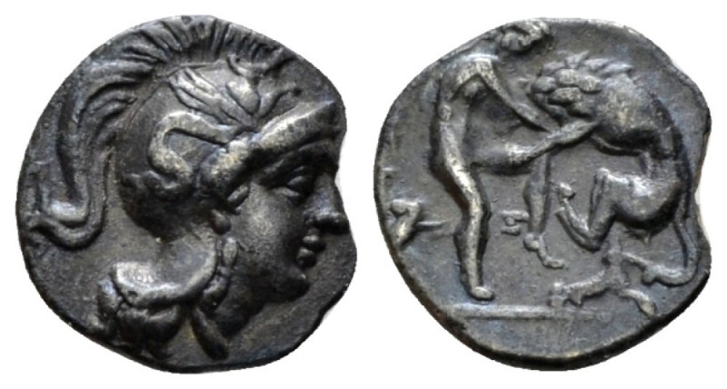 Calabria, Tarentum Diobol circa 325-280, AR 12mm., 0.87g. Head of Athena r., wea...