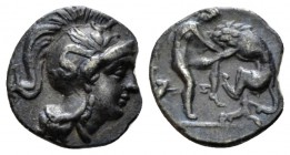 Calabria, Tarentum Diobol circa 325-280, AR 12mm., 0.87g. Head of Athena r., wearing Attic helmet. Rev. Heracles r., strangling Nemean lion; in l. fie...