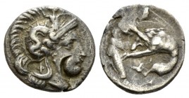 Calabria, Tarentum Diobol circa 325-280, AR 12mm., 1.20g. Head of Athena r., wearing helmet decorated with Skylla. Rev. Heracles kneeling r., strangli...