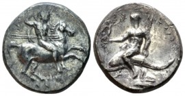 Calabria, Tarentum Nomos circa 280-272, AR 21mm., 6.38g. Horseman galloping r., holding spaers and shield. Rev. Oecist riding dolphin l., holding Nike...
